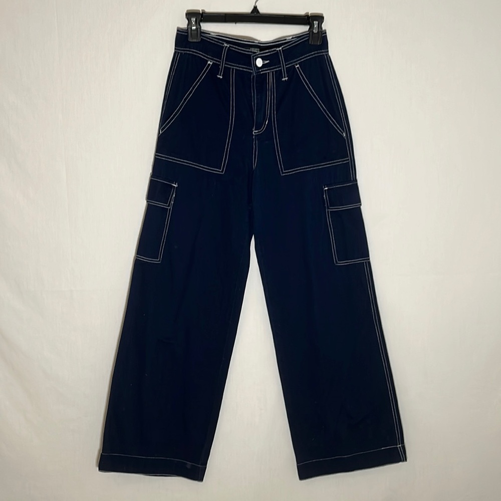 Navy cargo pants with white stitching!